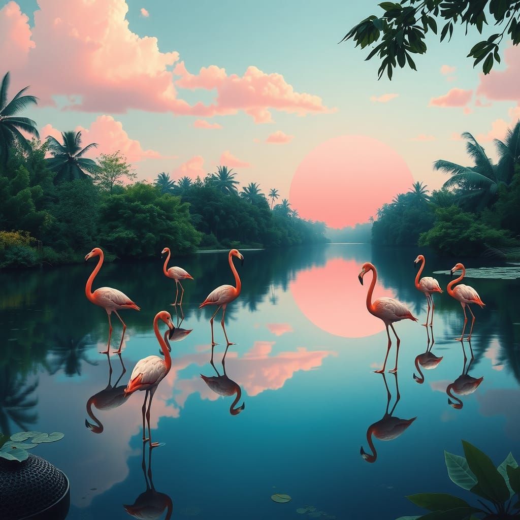 Flamingos in Pink Sunset: Dreamlike Landscape