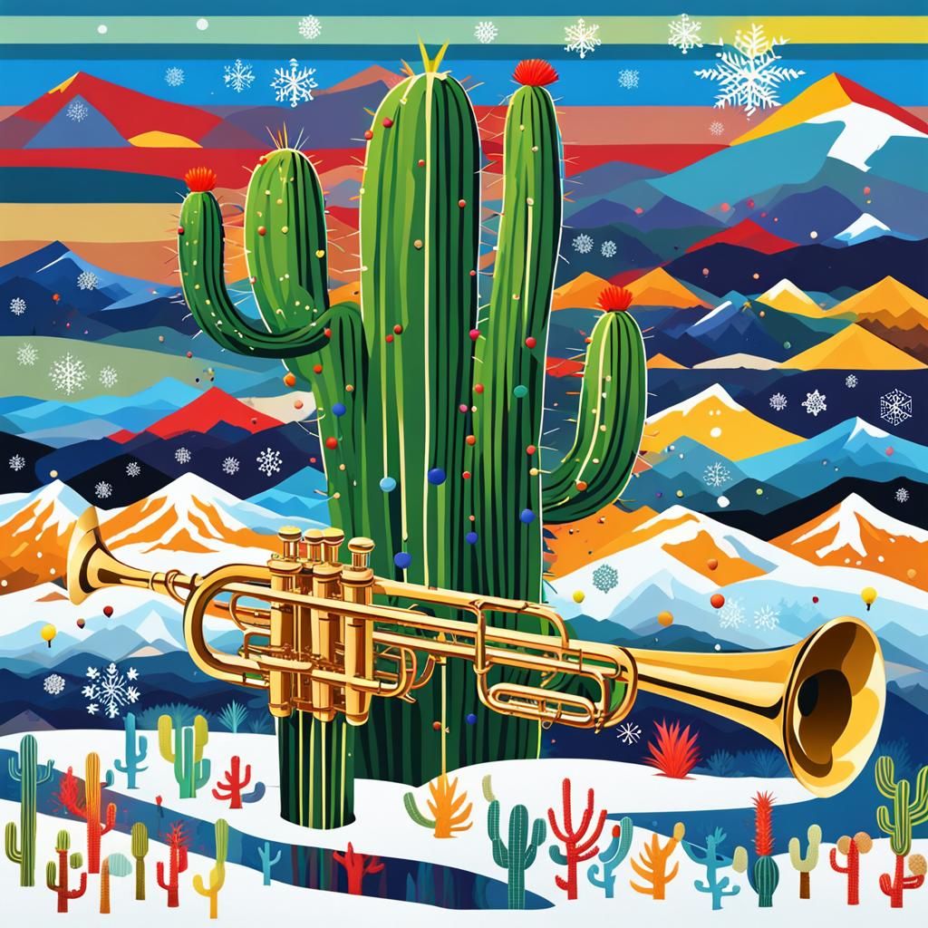 Abstract Snow Scene: Trumpet, Cactus, Rainbow