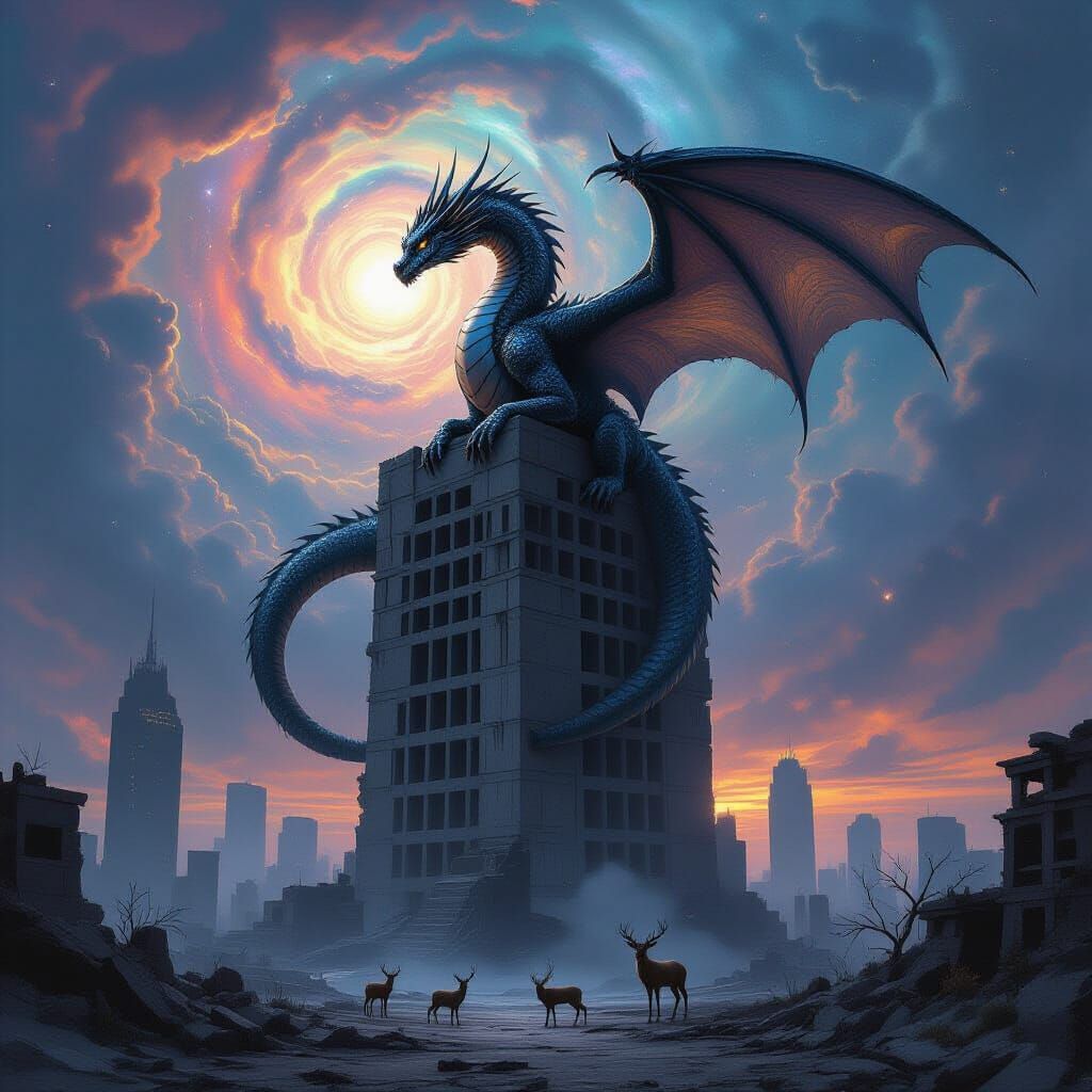 Obsidian Dragon on Brutalist Skyscraper in Cosmic Nebula
