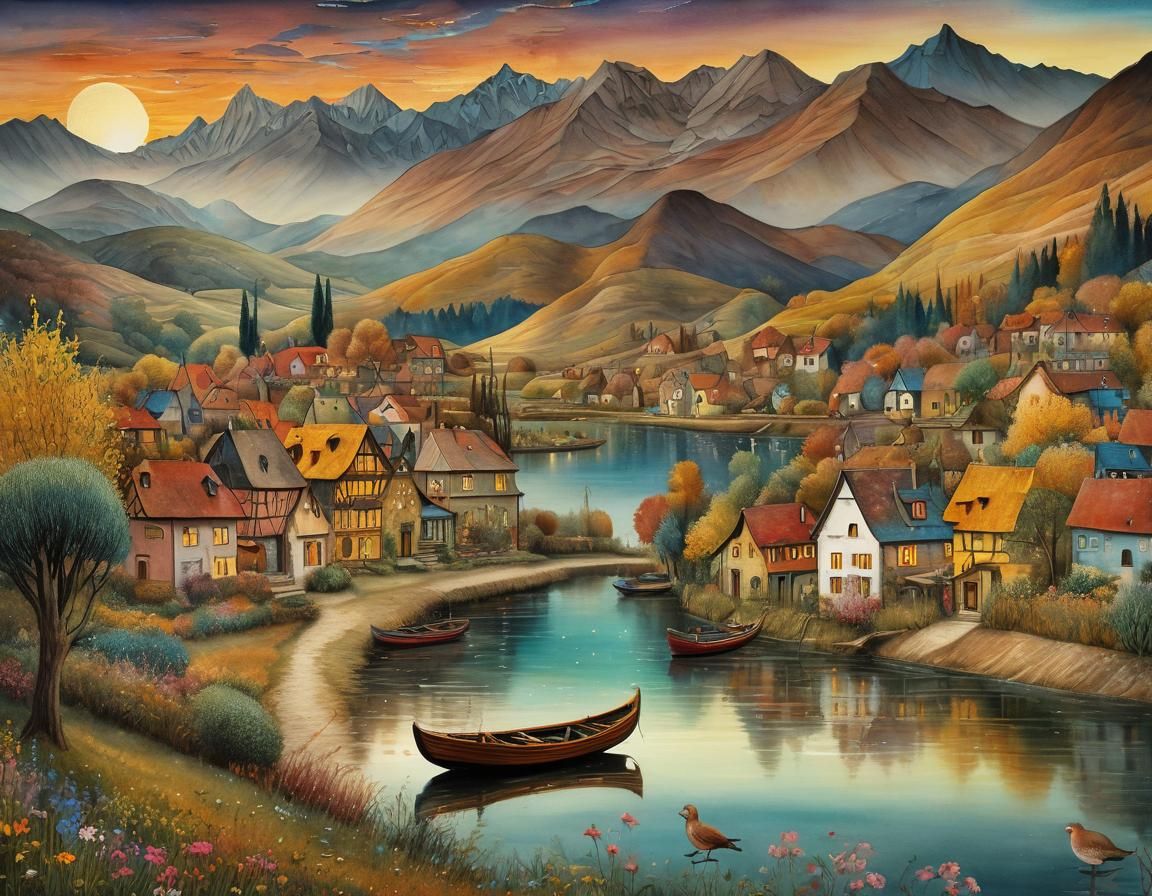 Autumn Village Sunset: Watercolor and Ink Fantasy Illustrati...