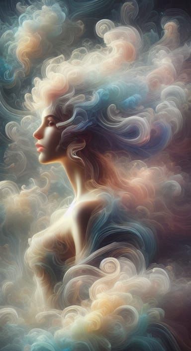 Ethereal Woman in Surreal Landscape Dreamlike Oil Painting