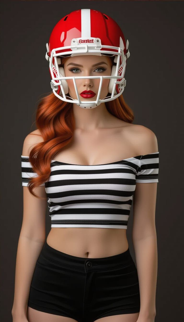 Woman with Red Hair in Football Helmet, Photorealistic