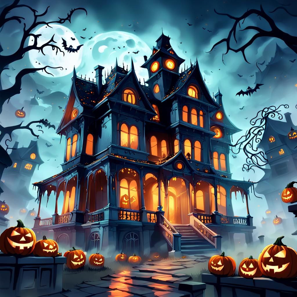 Spooky Haunted House Concept Art with Jack-o'-Lanterns