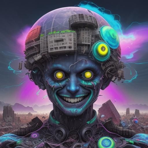 Surreal Futurism: Evil Grin Amidst Earthquakes