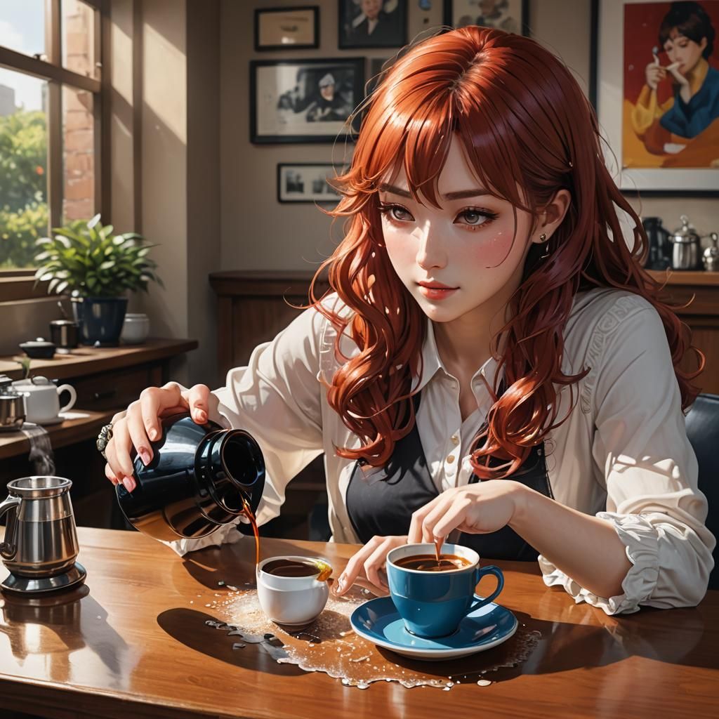 Anime Style Girl Pours Coffee, Hyperrealistic Digital Art