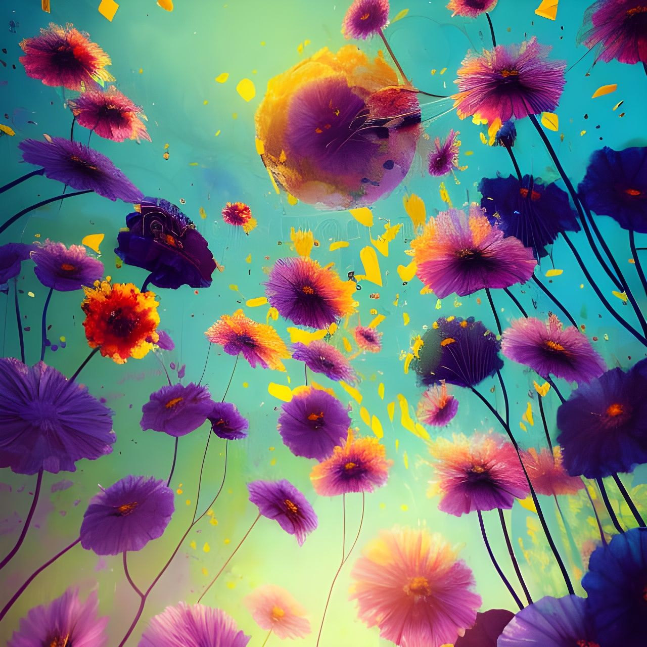 Colorful Swirls in Garden Flowers, Oil Painting