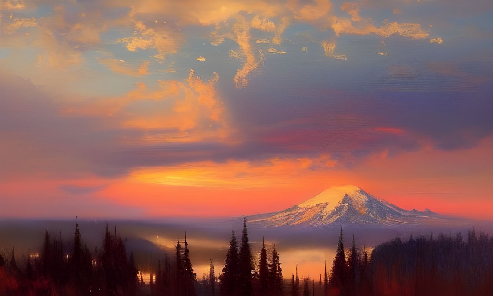 Sunset Clouds Over Mt Rainier, Oil Painting