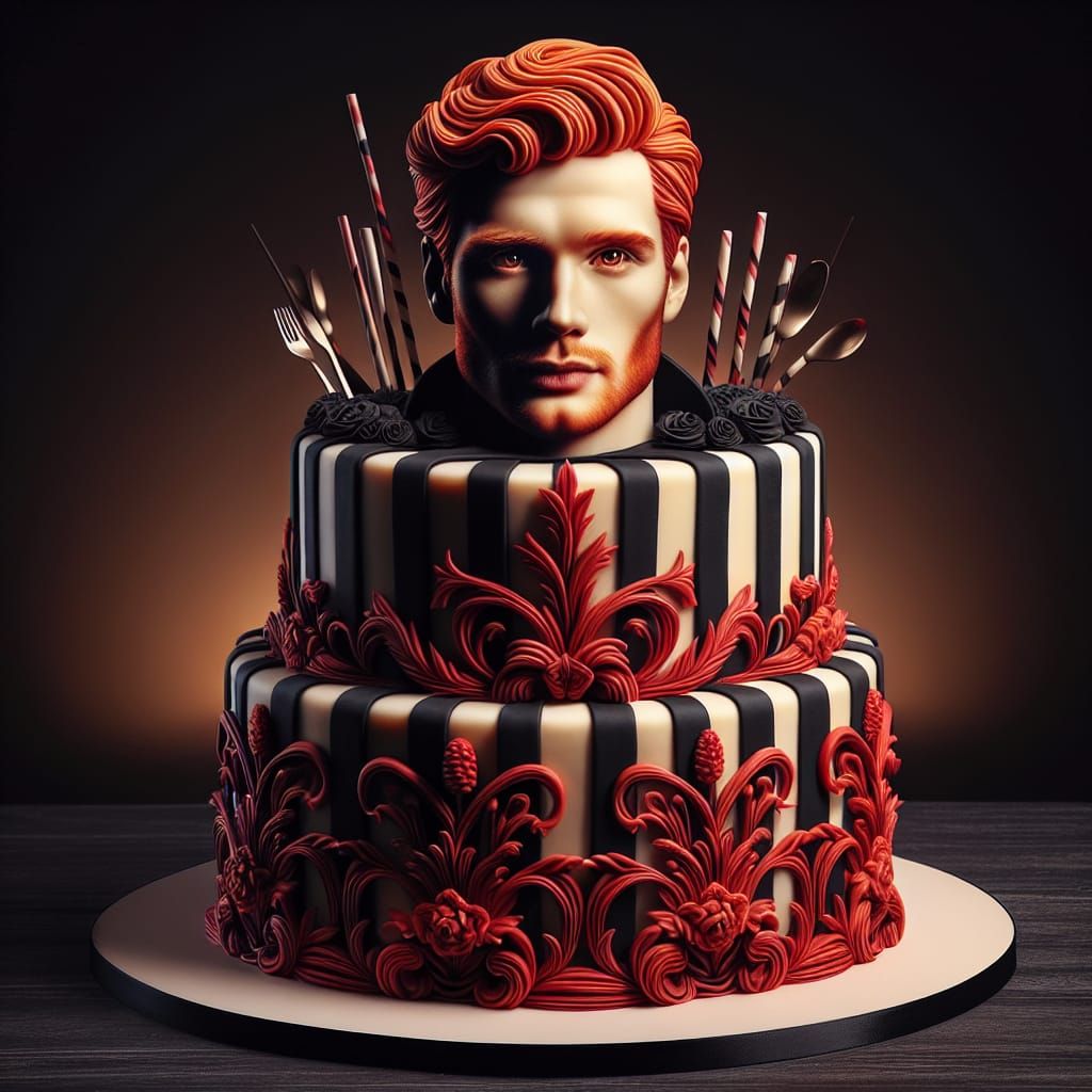 A  red and black striped cake