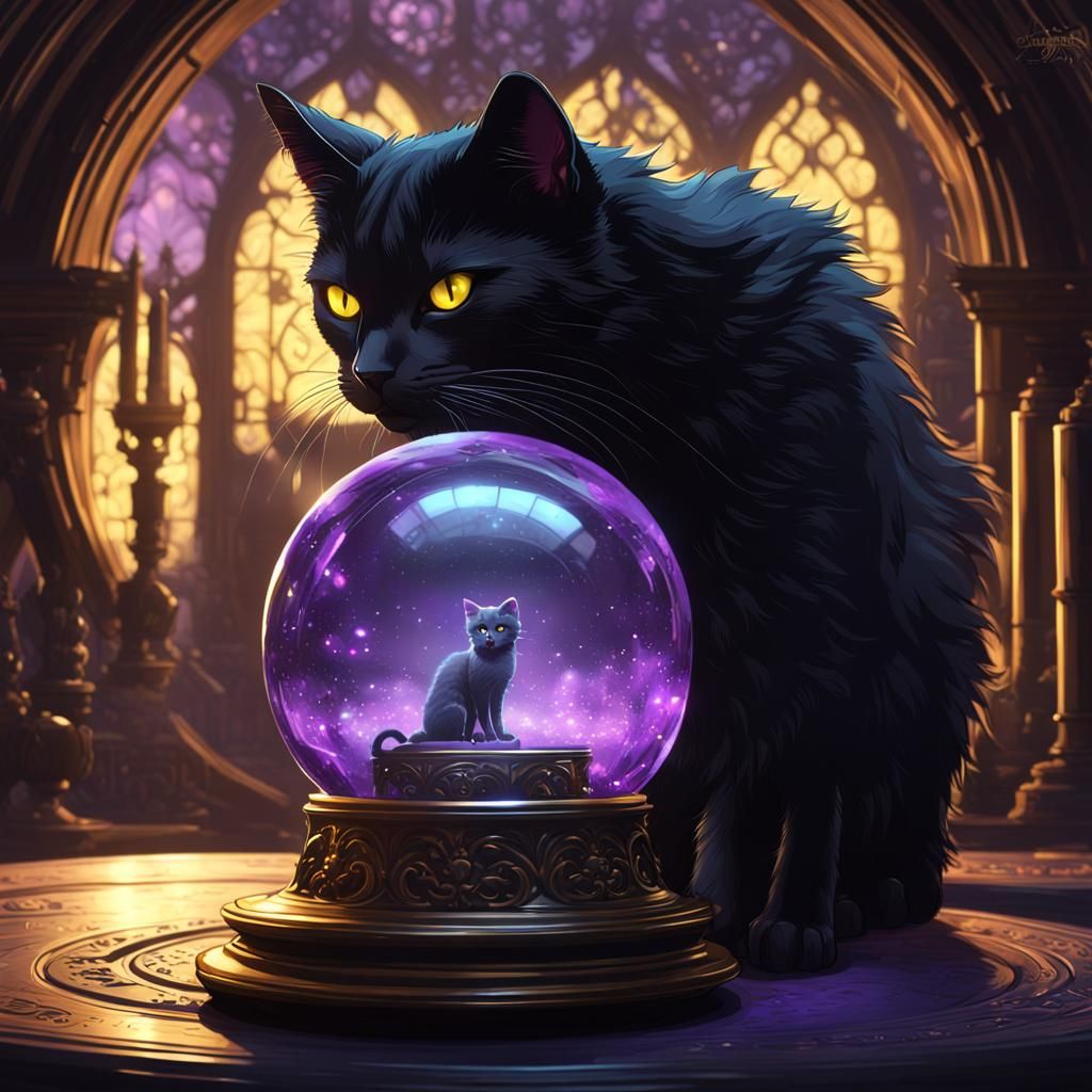 Black Cat Gazing into Crystal Ball: Dark Fantasy Art