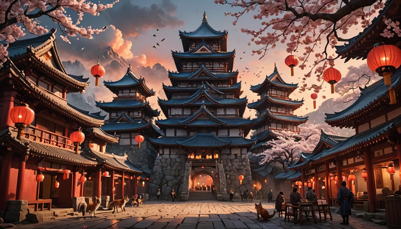 Fantastical Japanese Castle with Foxes and Lanterns