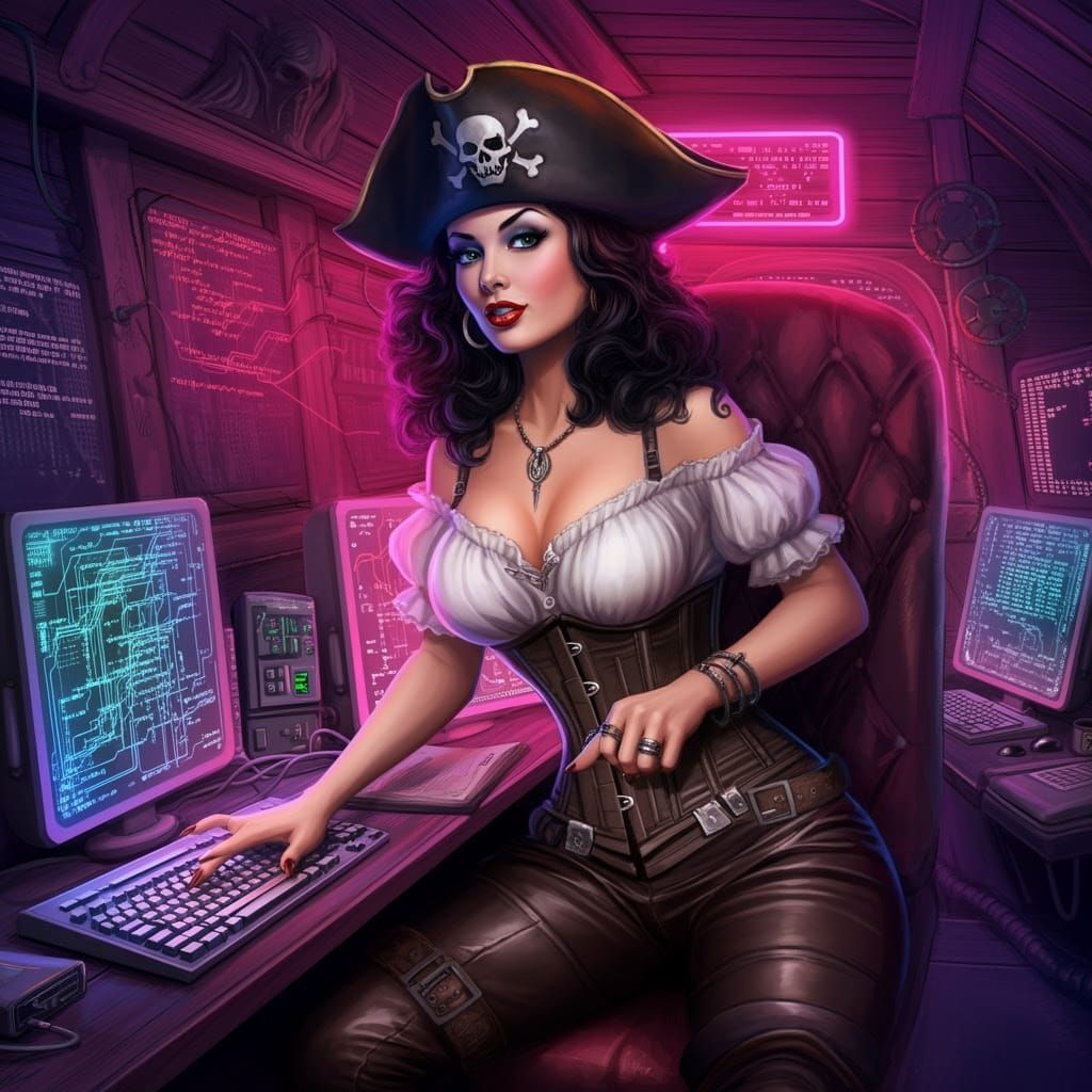 Cyberpunk Pirate Hacker Coding in Neon Light
