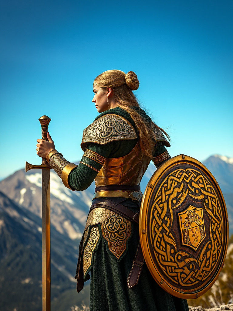 Female Warrior in Golden Armor with Mountain View