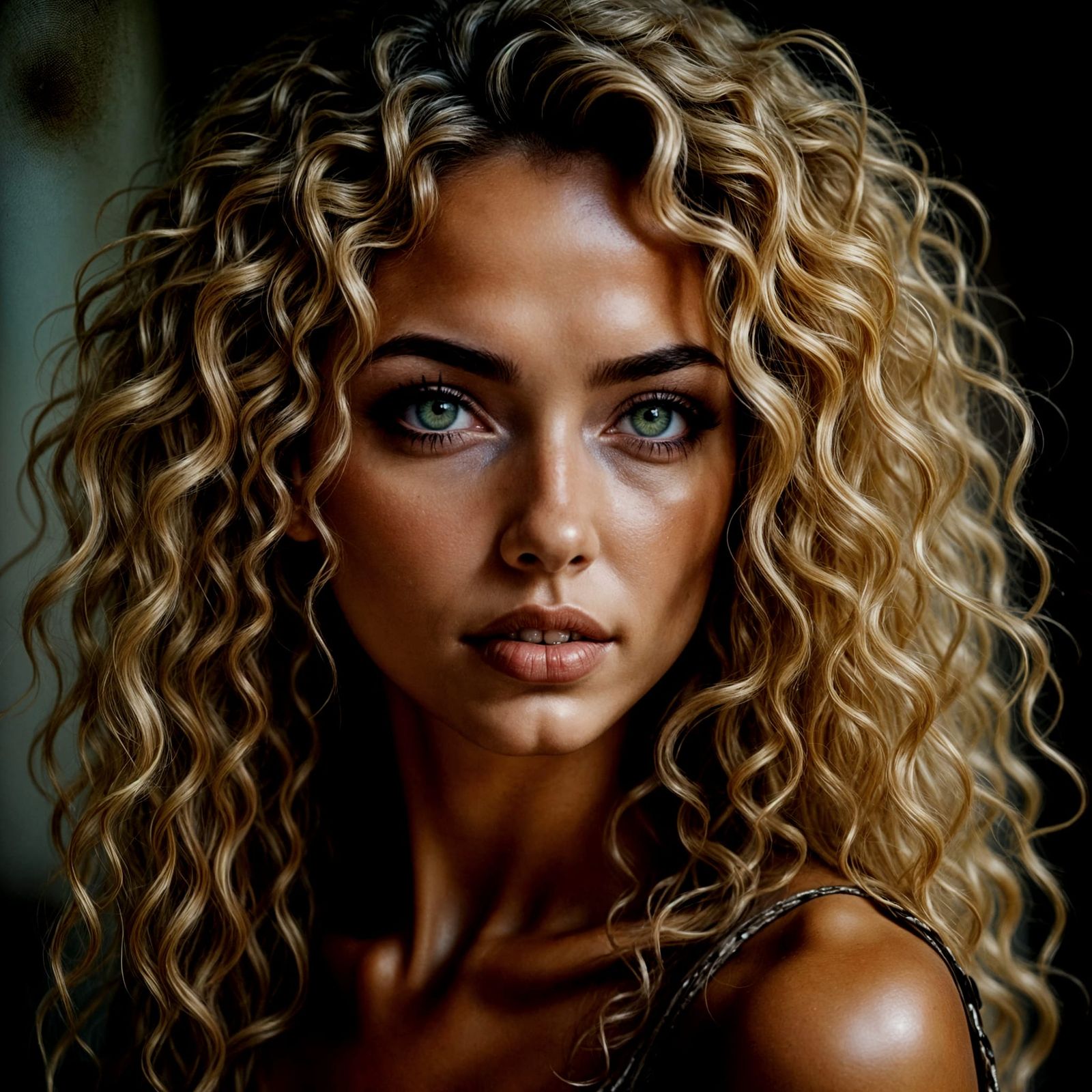The woman with blond curly hair has green eyes