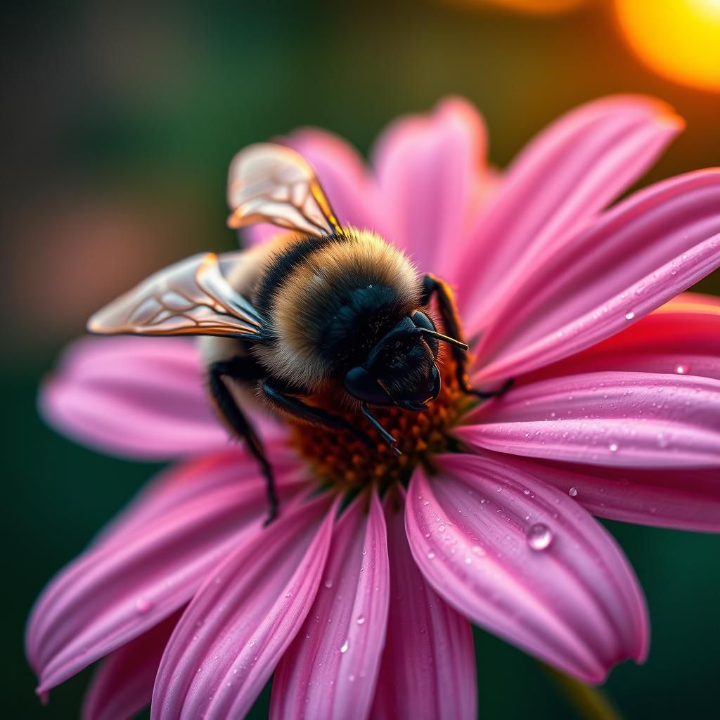 Bumblebee Macro Photograph with Sunset Petals