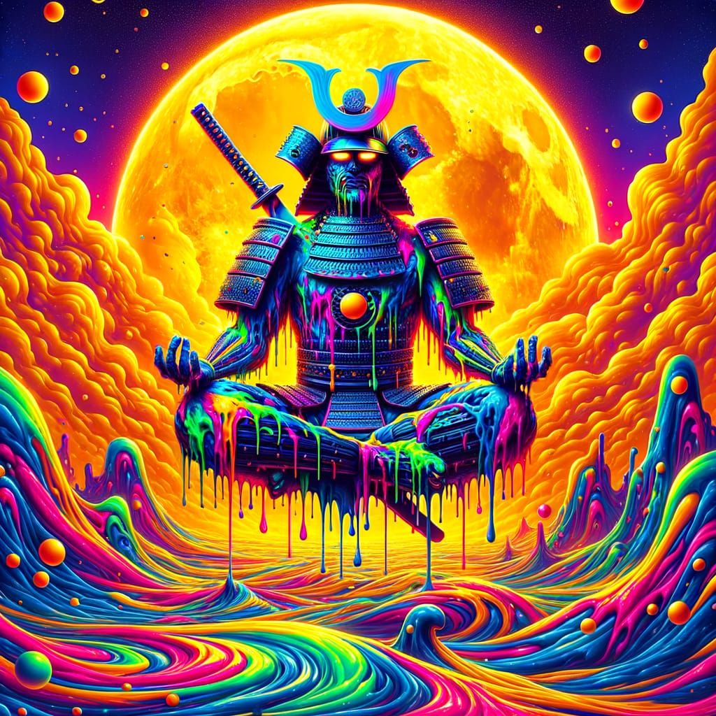 Psychedelic Samurai Warlord in Melted Wax River