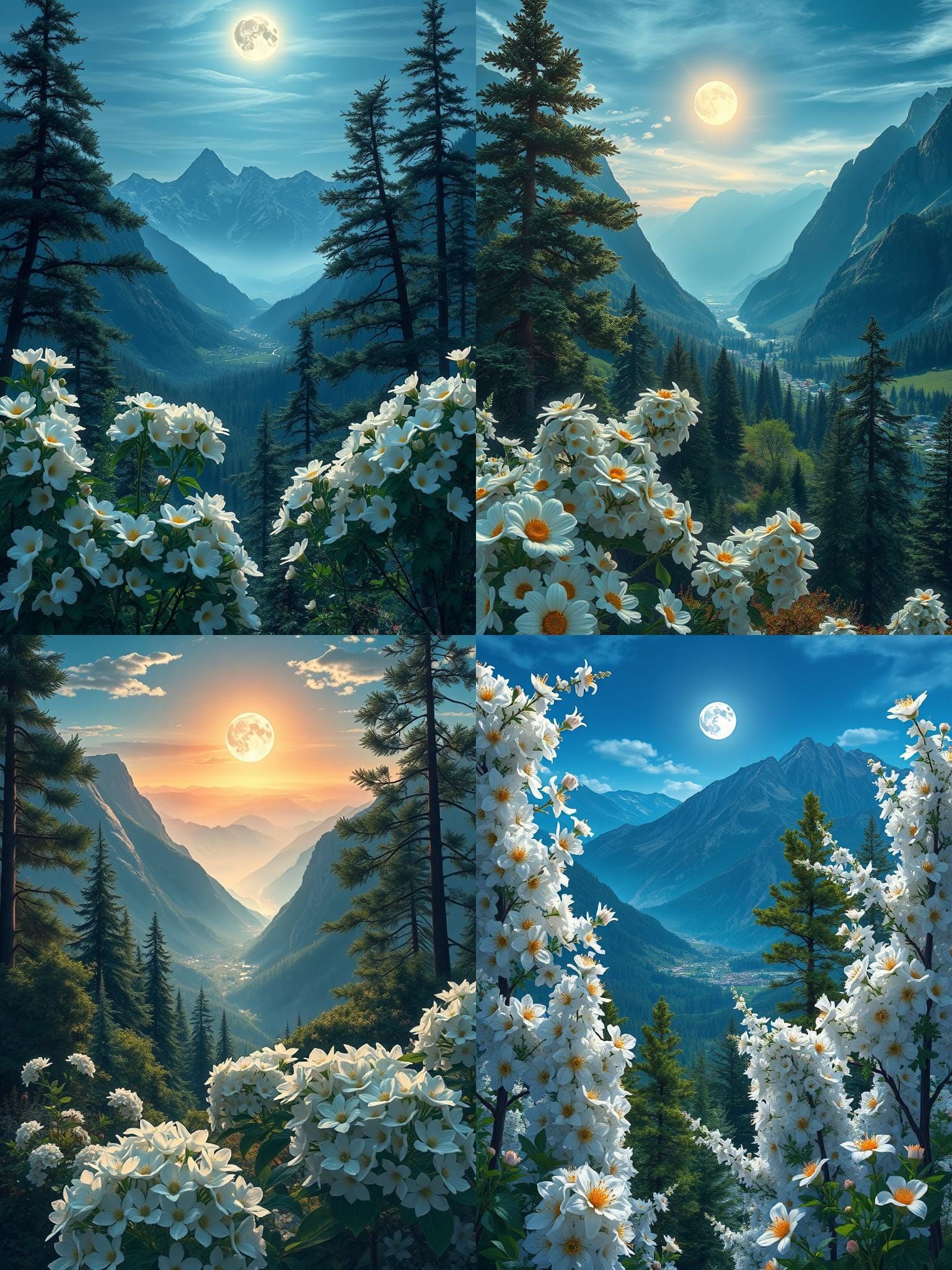Moonlit Mountain Valley with White Flowers