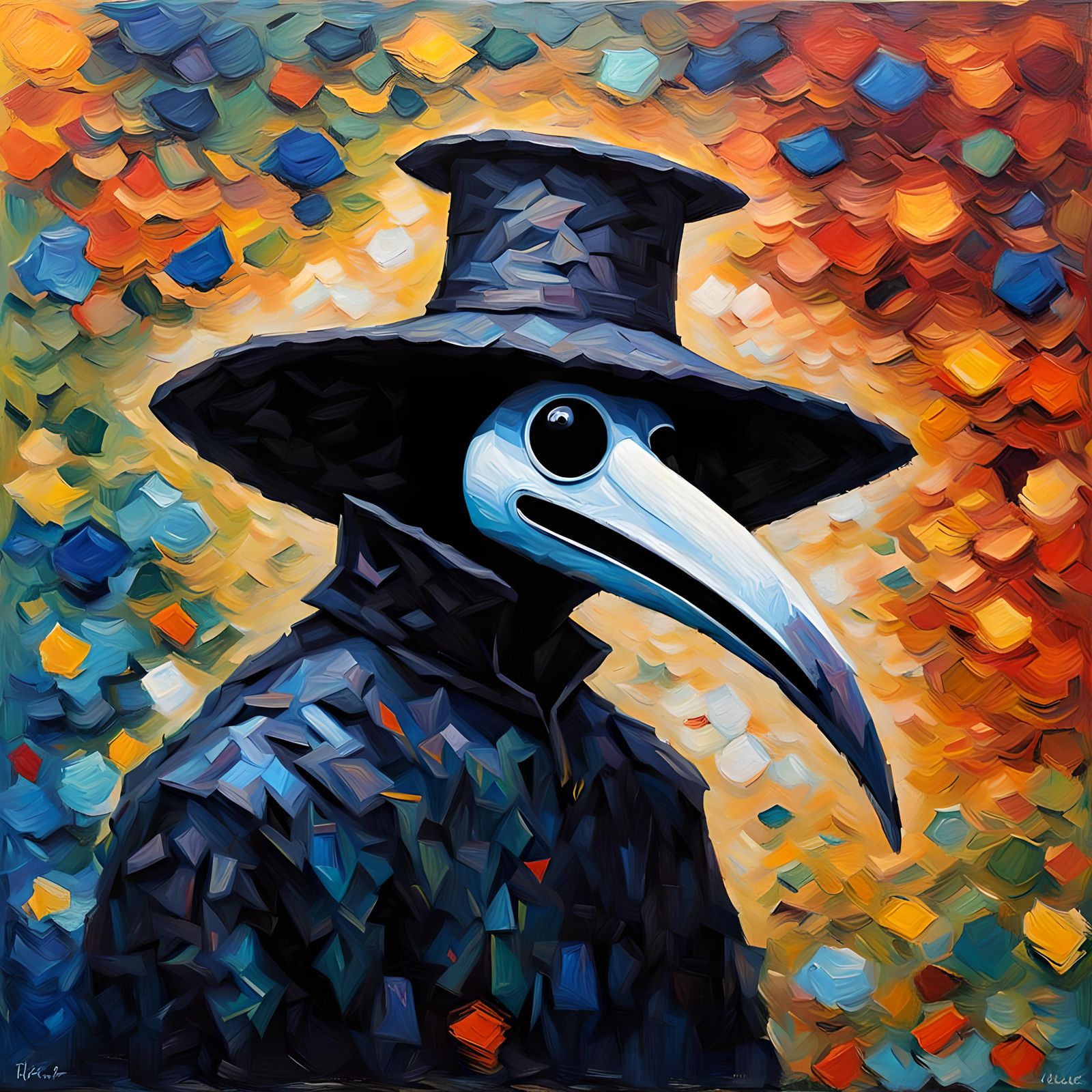 Neo-Impressionist Plague Doctor in Colorful Oil Painting