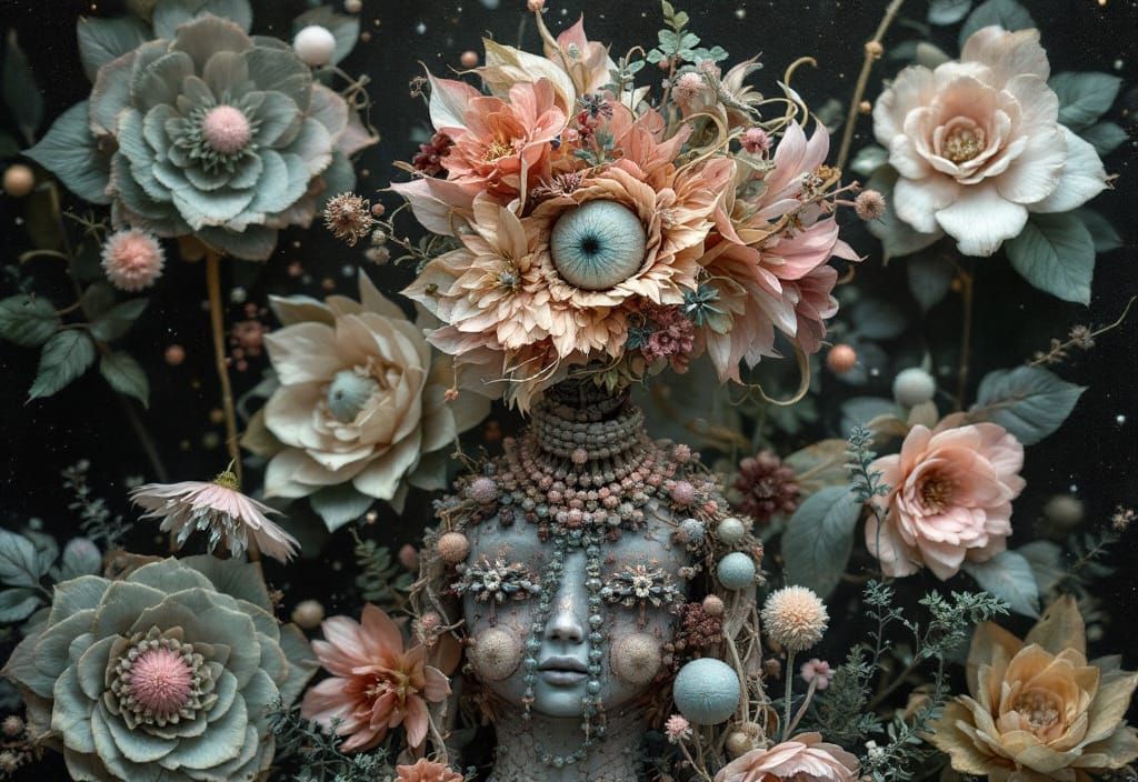 Lush Botanical Abstract in Soft Assemblage Style