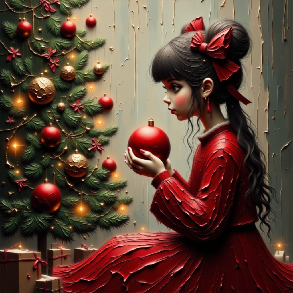 Dreamy Girl in Festive Sweater with Christmas Ball