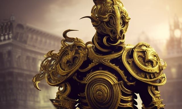 Gold Veined Marble Warrior in Ornate Hall