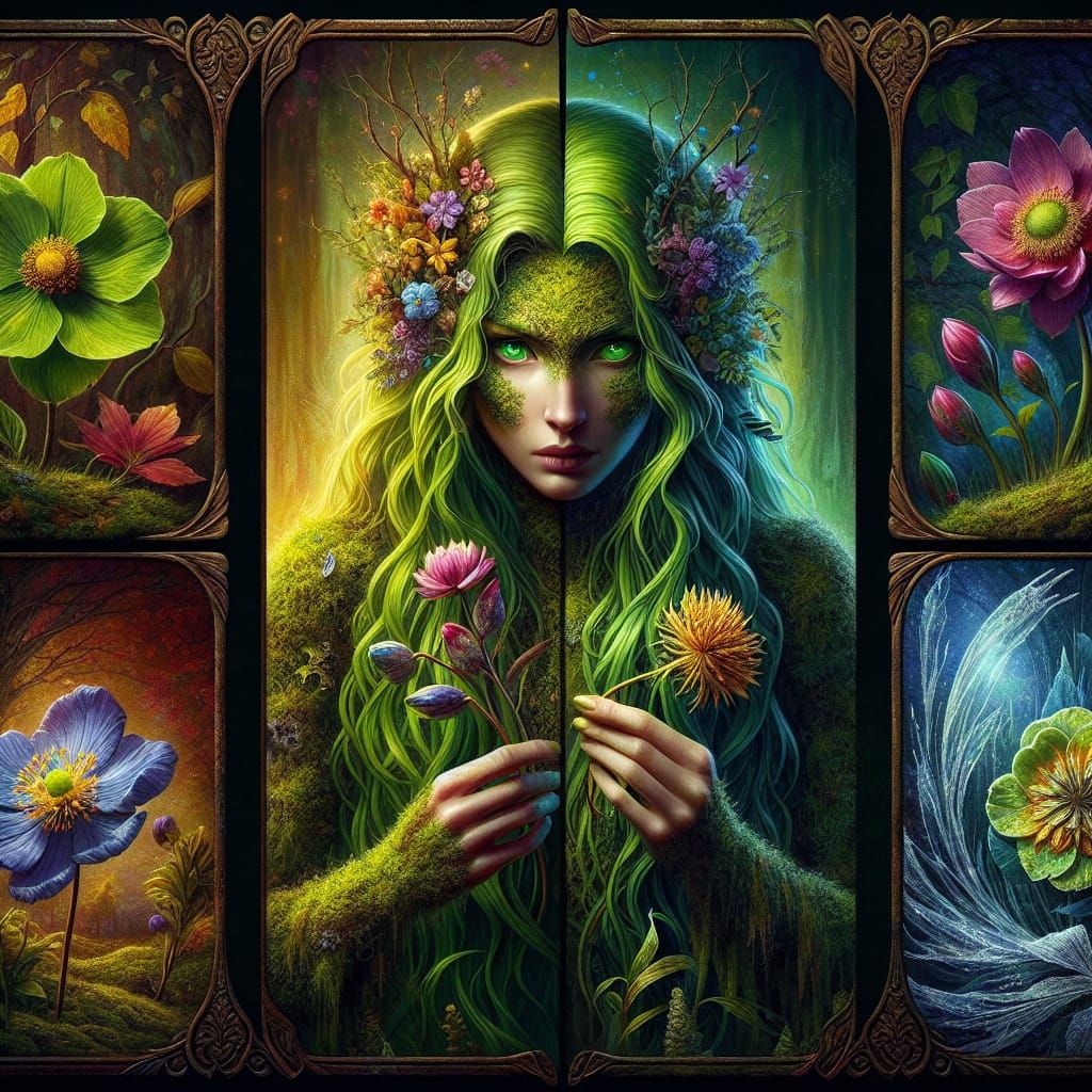 Dryad Gazing at Seasonal Flowers: Fantasy Matte Painting