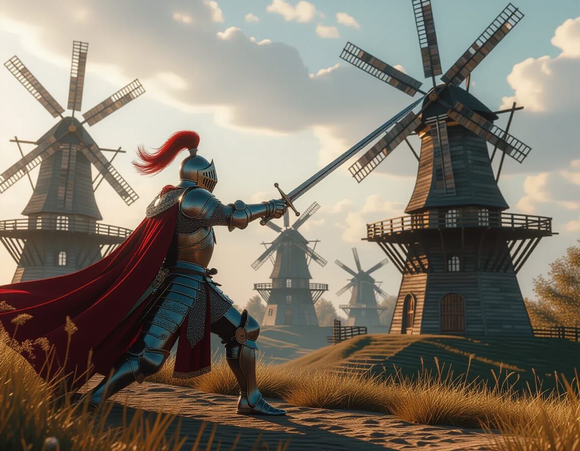 Knight Tilting at Windmills in Fantastical Matte Painting St...