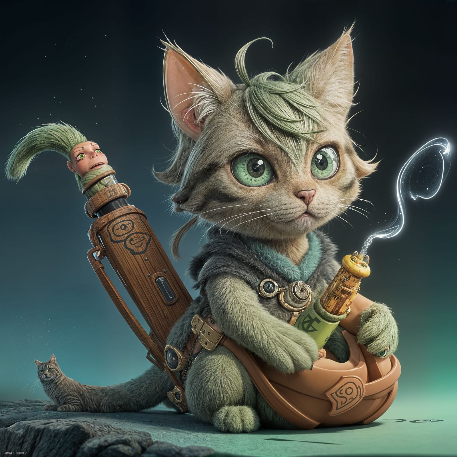 Stoned Green Tabby Cat in Pixar Anime Style