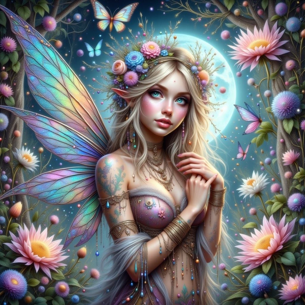 Fairy Showers Shimmering Dust in Moonlit Forest Clearing