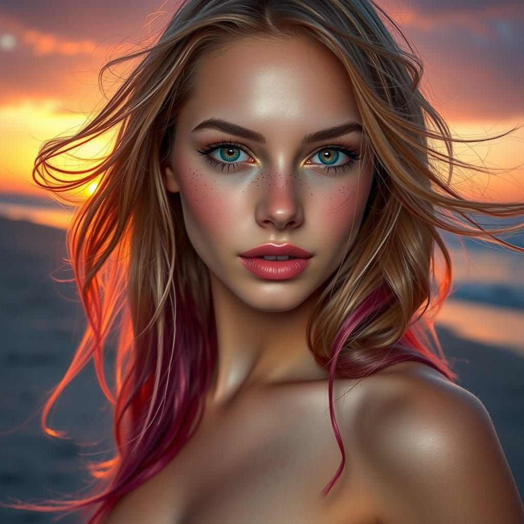 Portrait of a Beautiful Woman with Freckles at Sunset