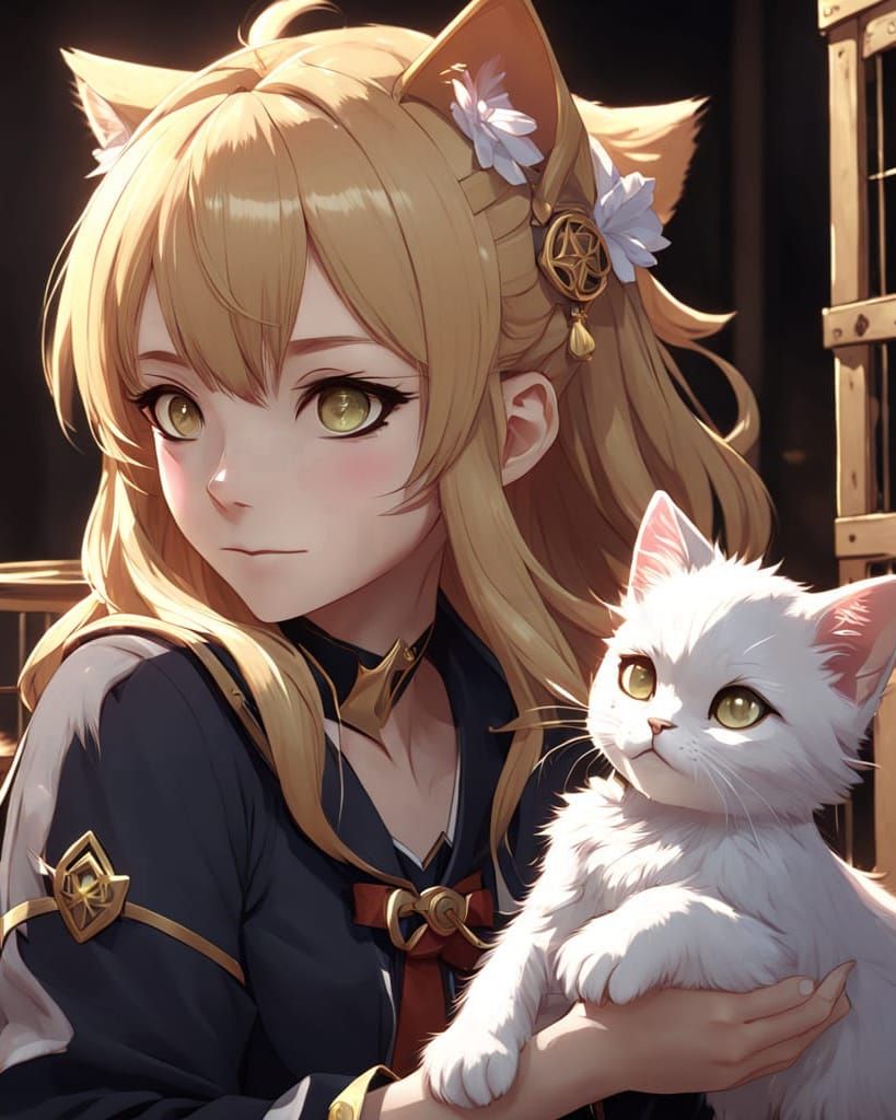 Girl and Kitten in Shelter: 3D Anime Art
