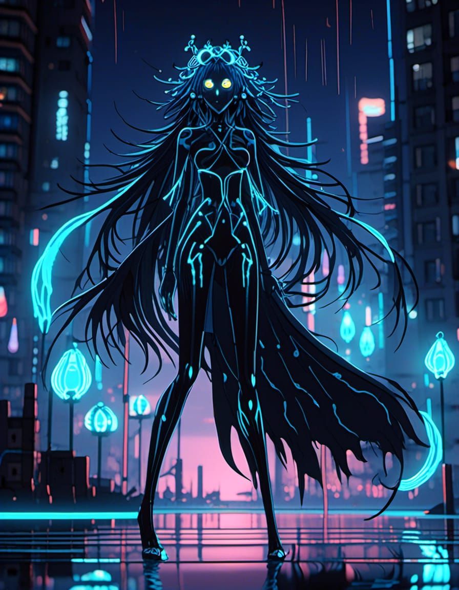 Surreal animated scene, featuring a dark and otherworldly cr...