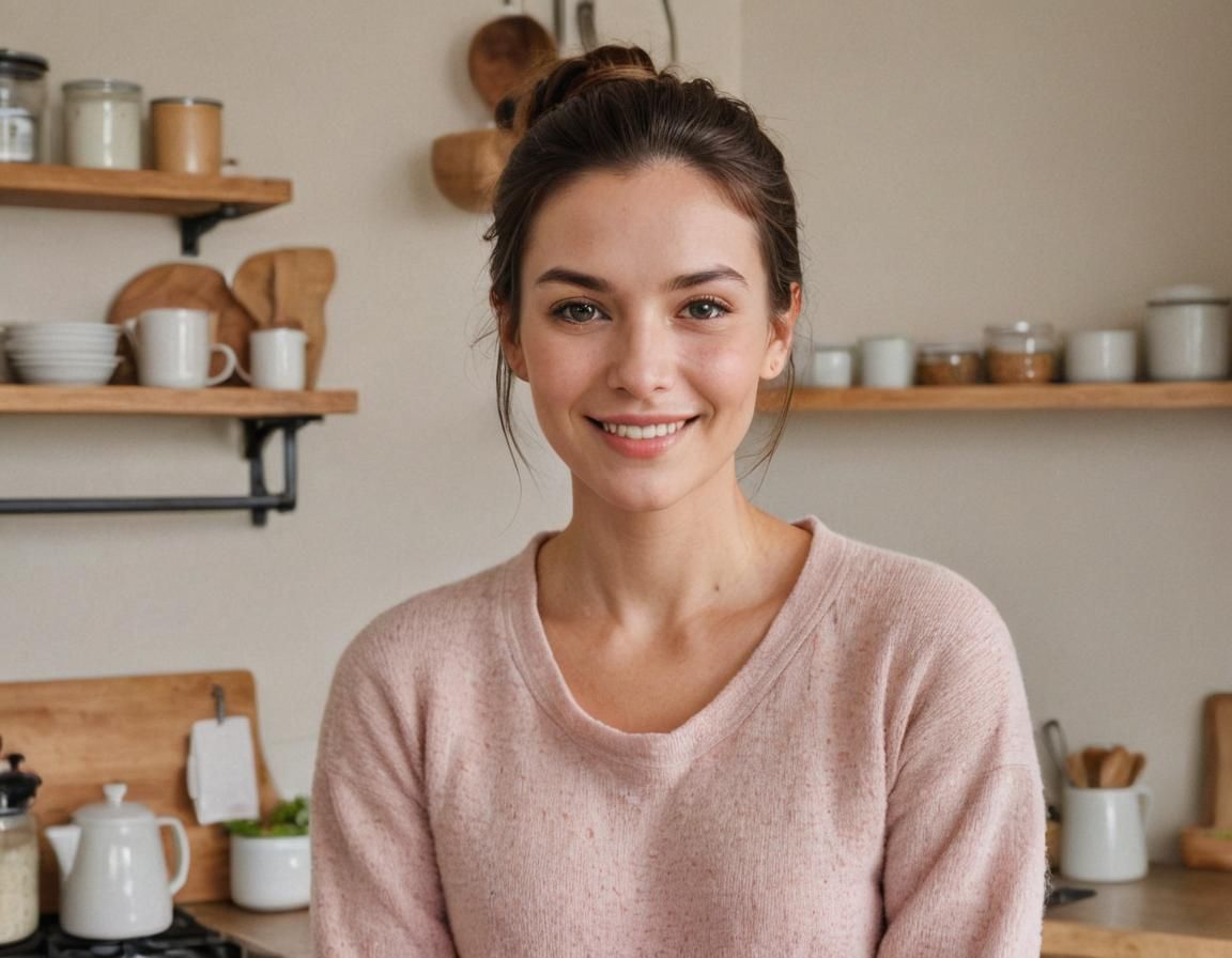 Cozy Kitchen Scene with Woman in Orange Apron