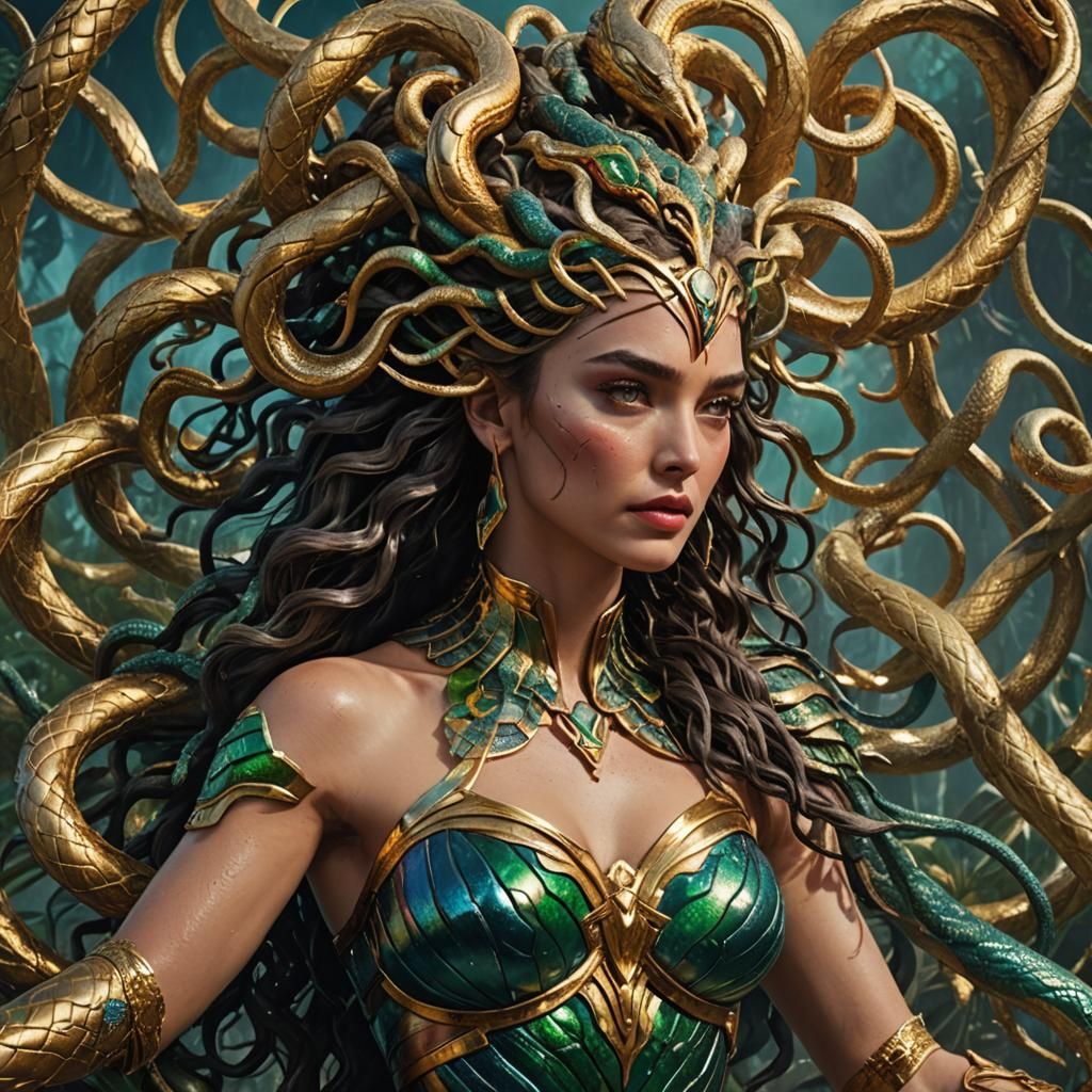 Medusa with Gold Serpents in Hyperrealistic Style