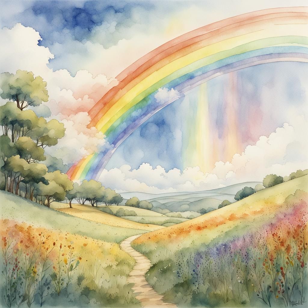 Rainbow Over Meadow: Studio Ghibli Watercolor