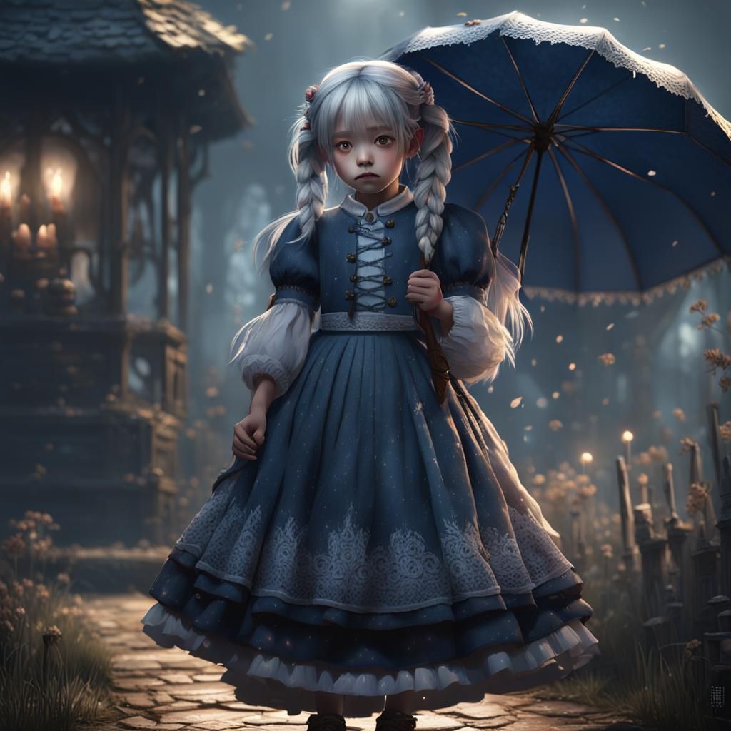 Sad Anime Ghost Child with Umbrella in Fantasy Art