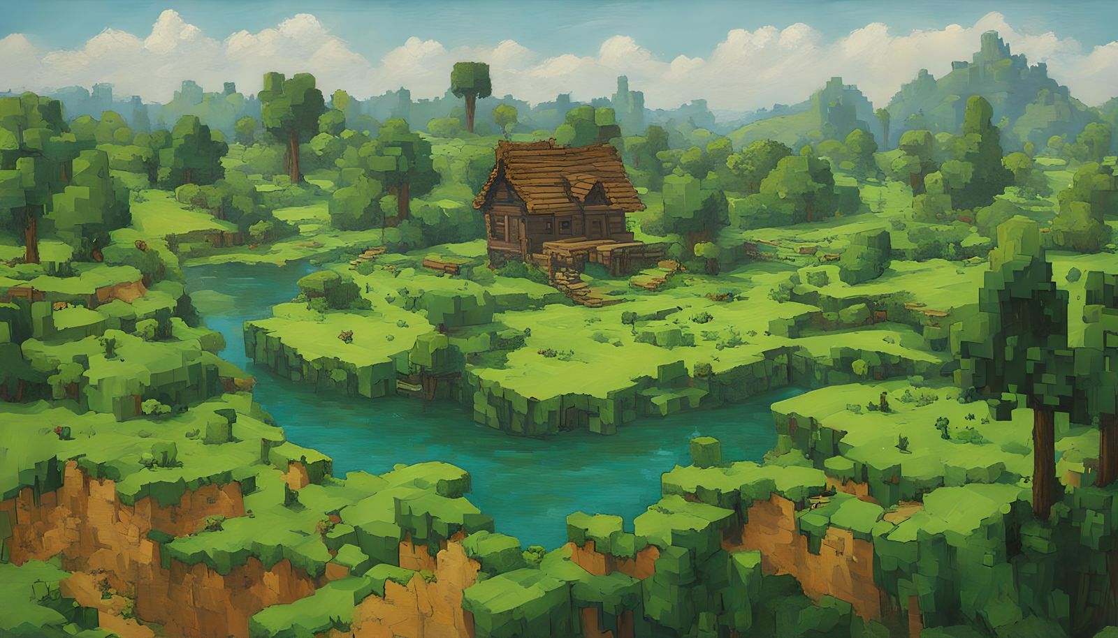 Minecraft Landscape in Oil Painting Style