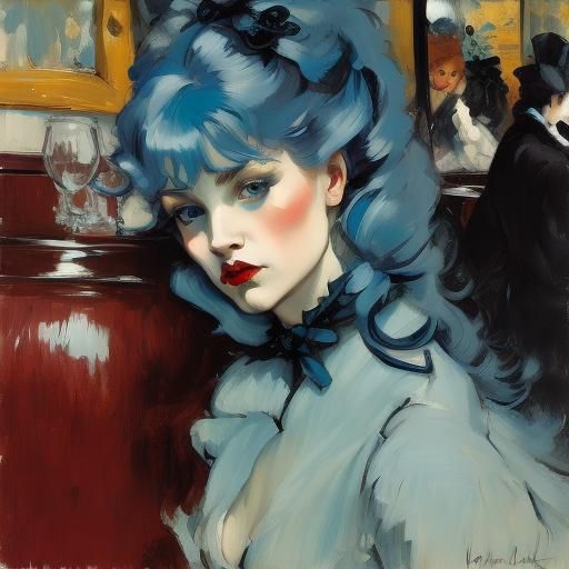 Blue-Haired Woman with Playful Glance in Chiaroscuro