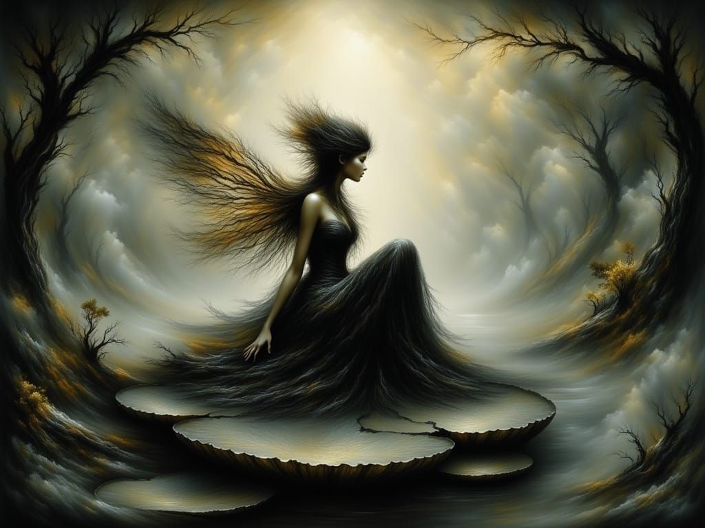 Dark Fairy on Waterlily in Whimsical Style