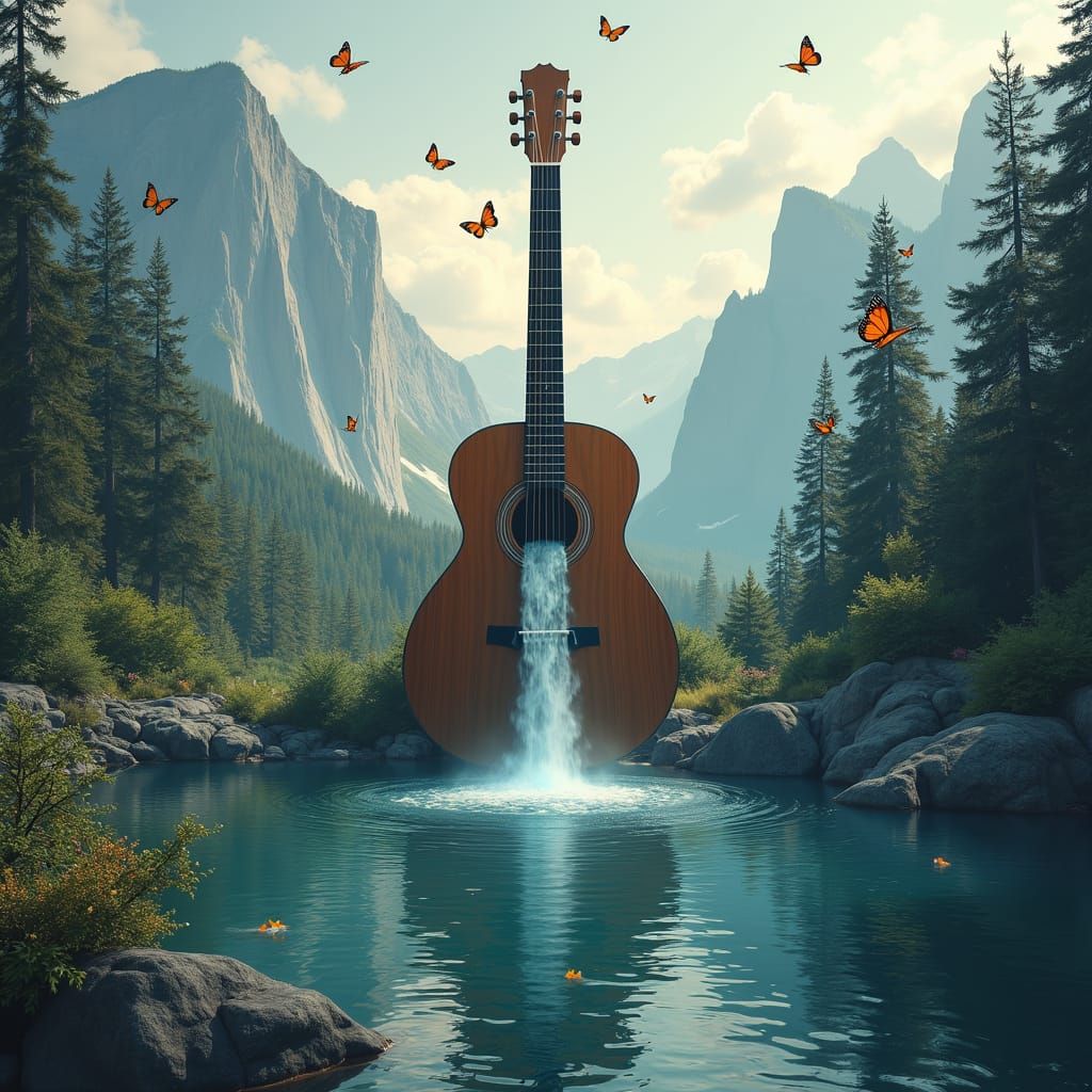 Waterfall Guitar Landscape with Lake and Butterflies