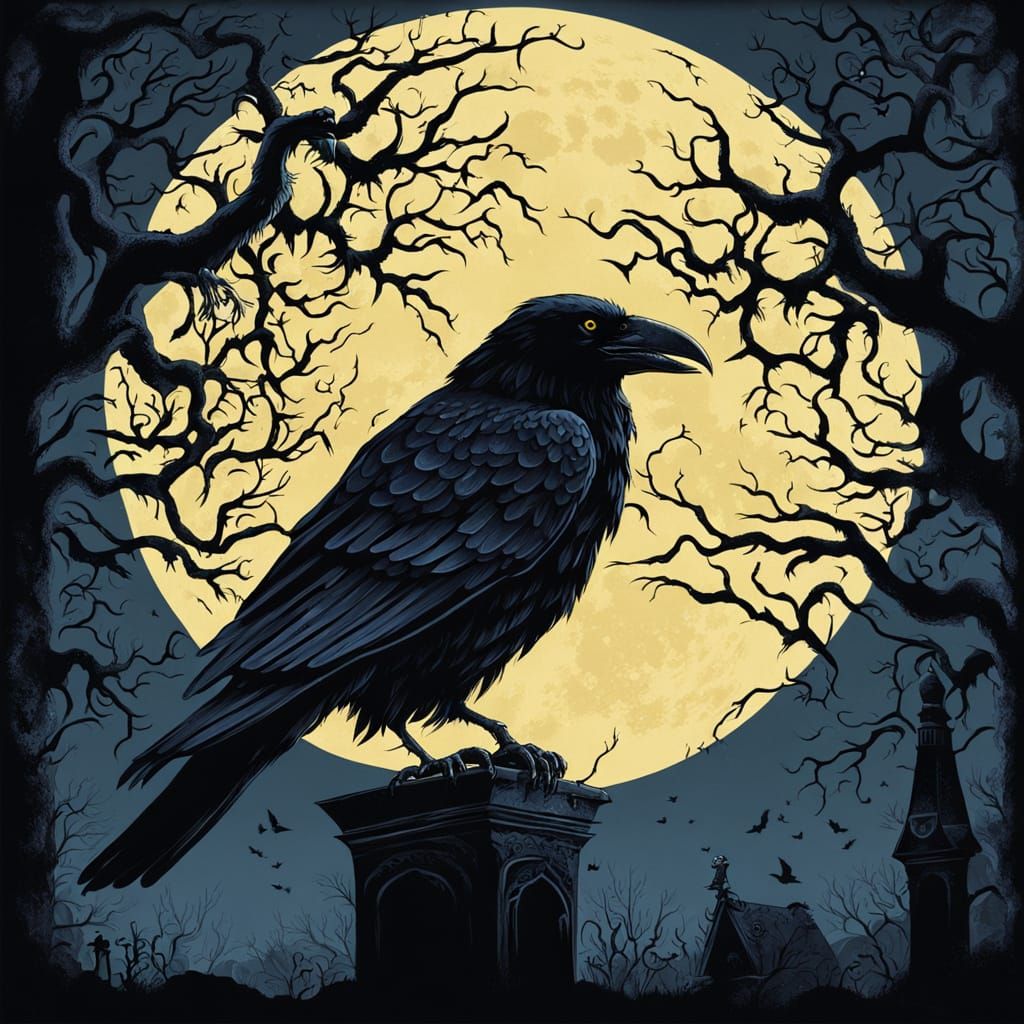 Gothic Raven Perched on Cathedral Gargoyle