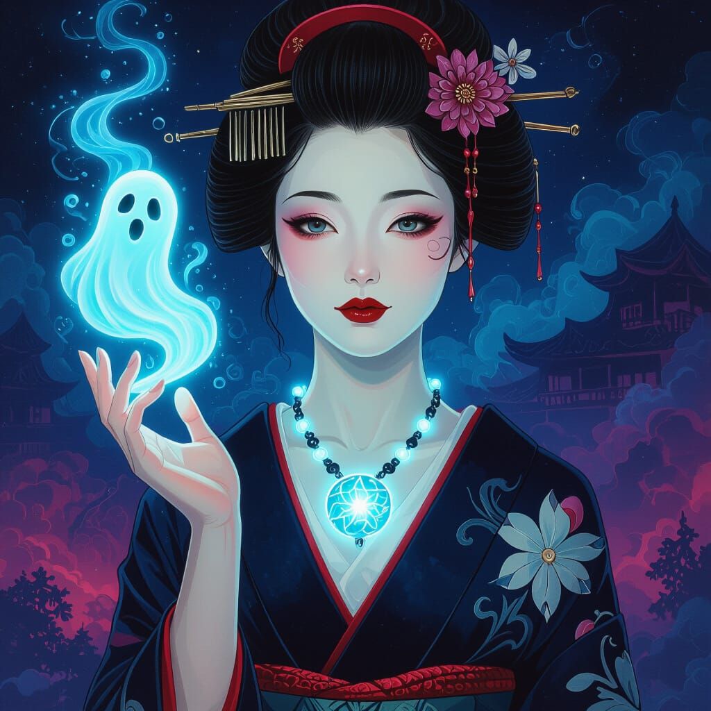 Ghostly Spirit Above Geisha in Dark Dreamscape