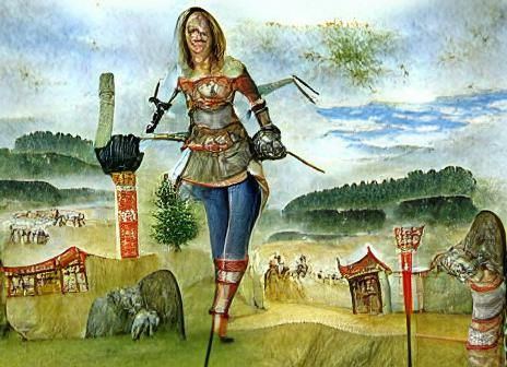 Giantess Warrior with Claymore in Pastoral Scene