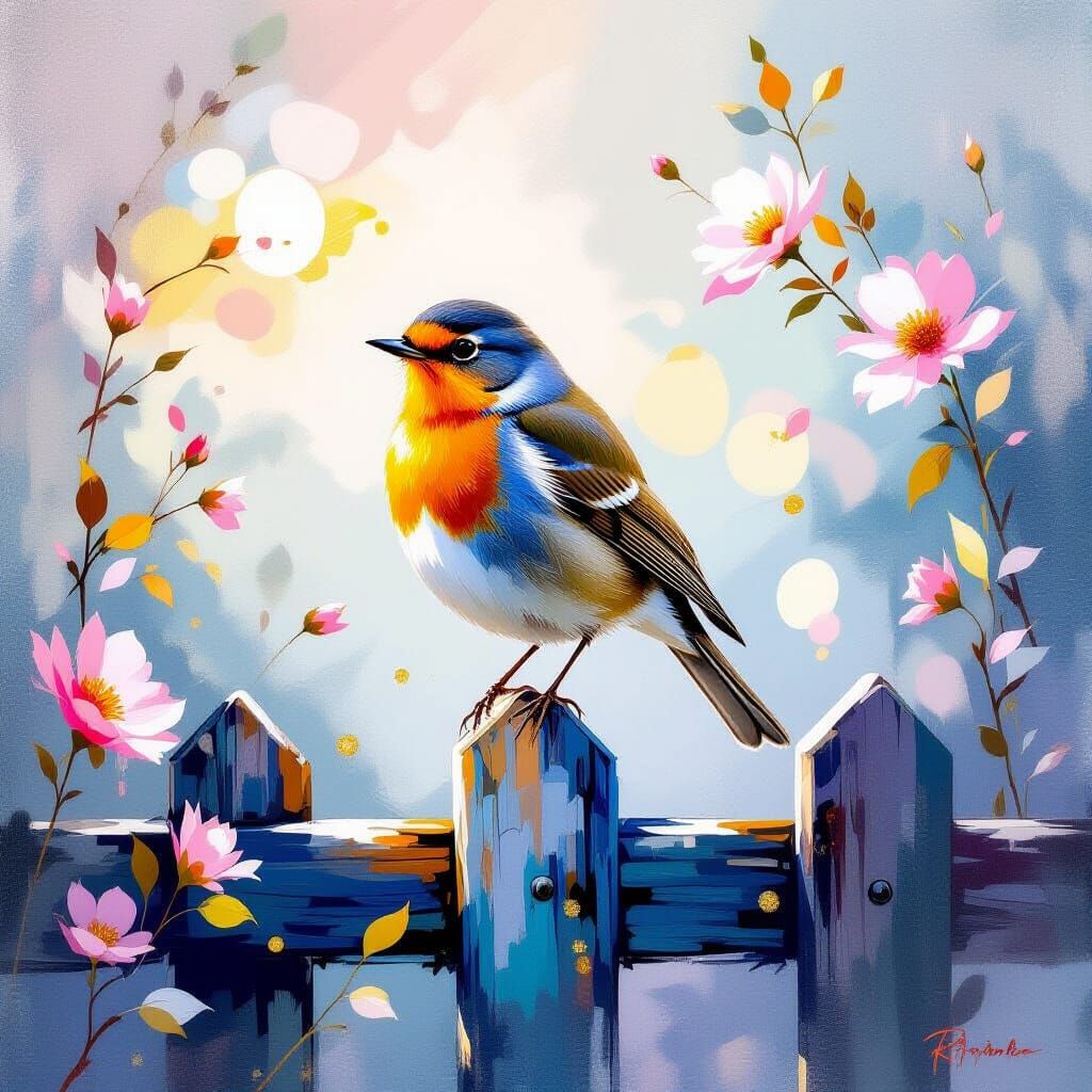 Robin on Fence in Impressionistic Painting Style
