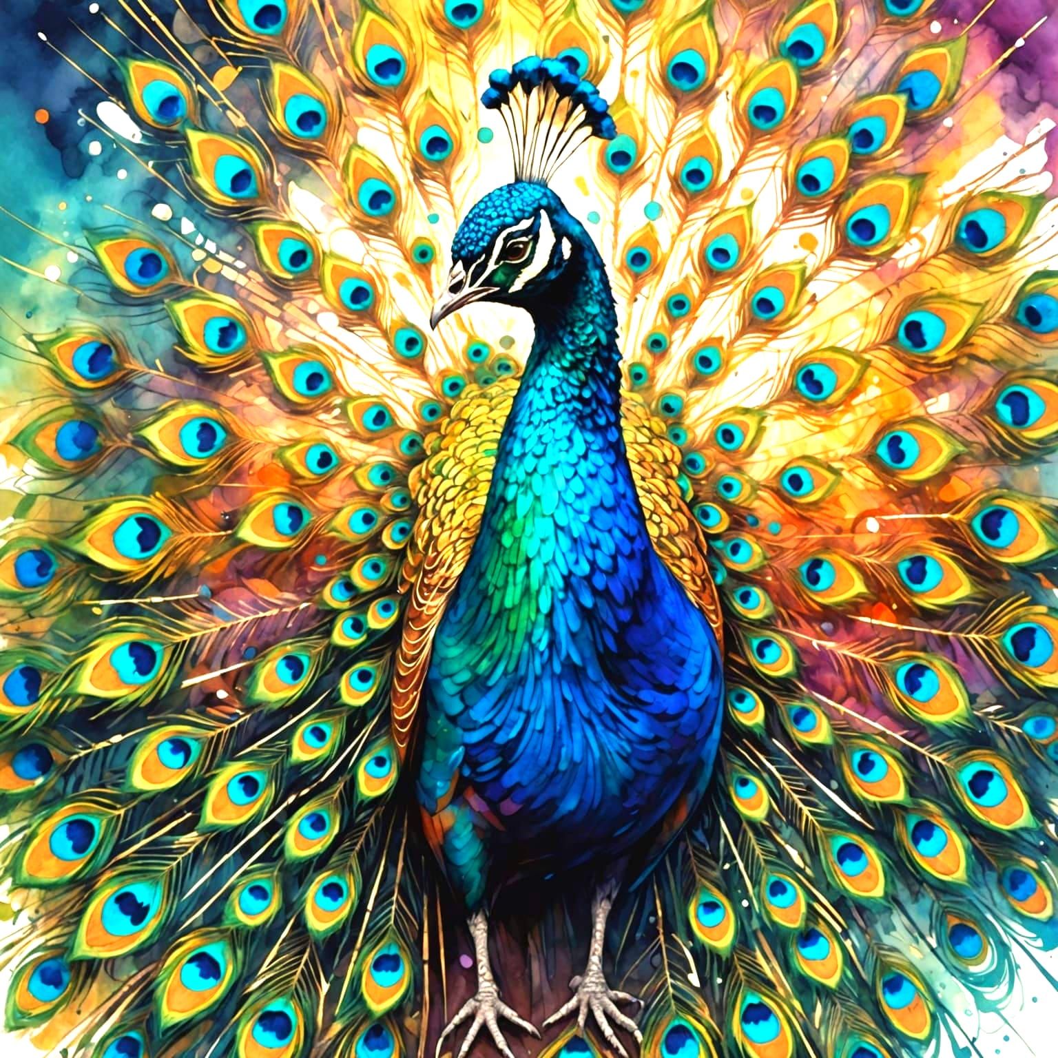 Kaleidoscopic Peacock in Hyperrealistic Watercolor