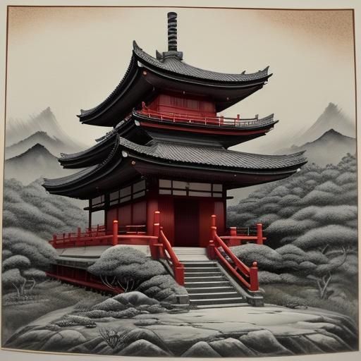 Mythical Dragon Coiled Around Pagoda in Ink Wash Style