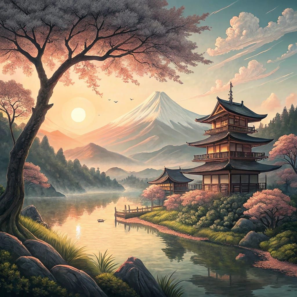 Japanese Sunrise Landscape Inspired by Hokusai