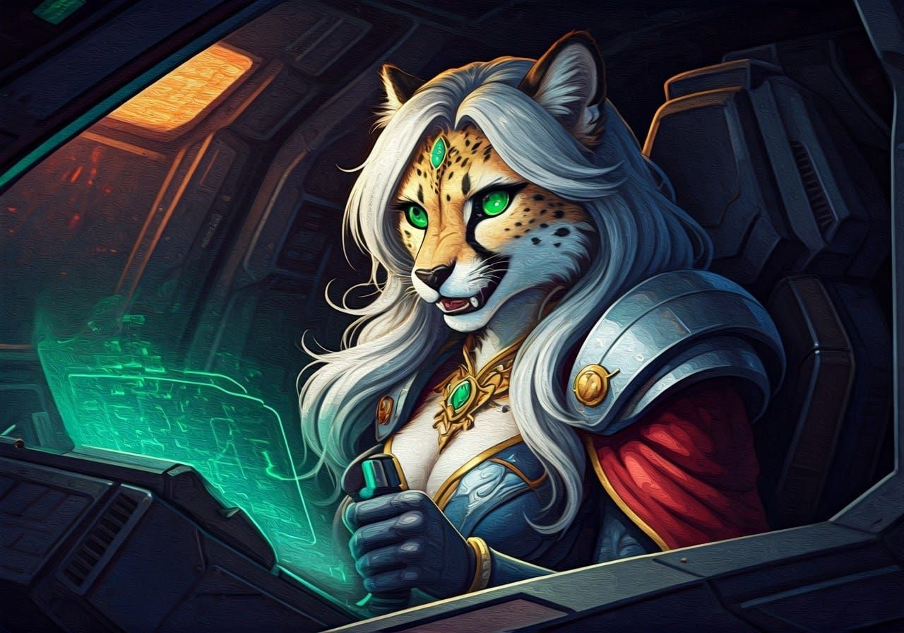 Cheetah Princess Piloting Mecha as Impasto Painting