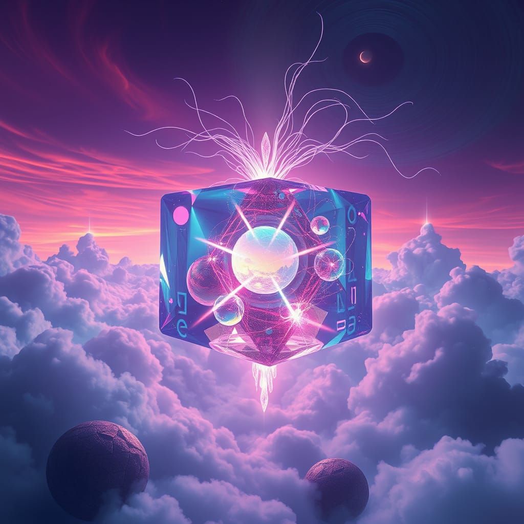 Surreal Fantasy Cube in Dreamy Gradient Sky