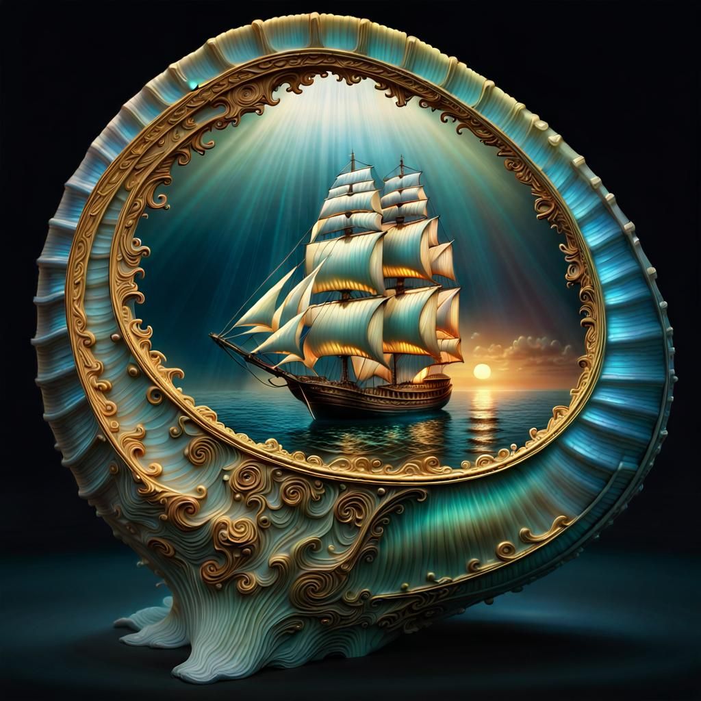 Bioluminescent Seashell with Gold Sailboat