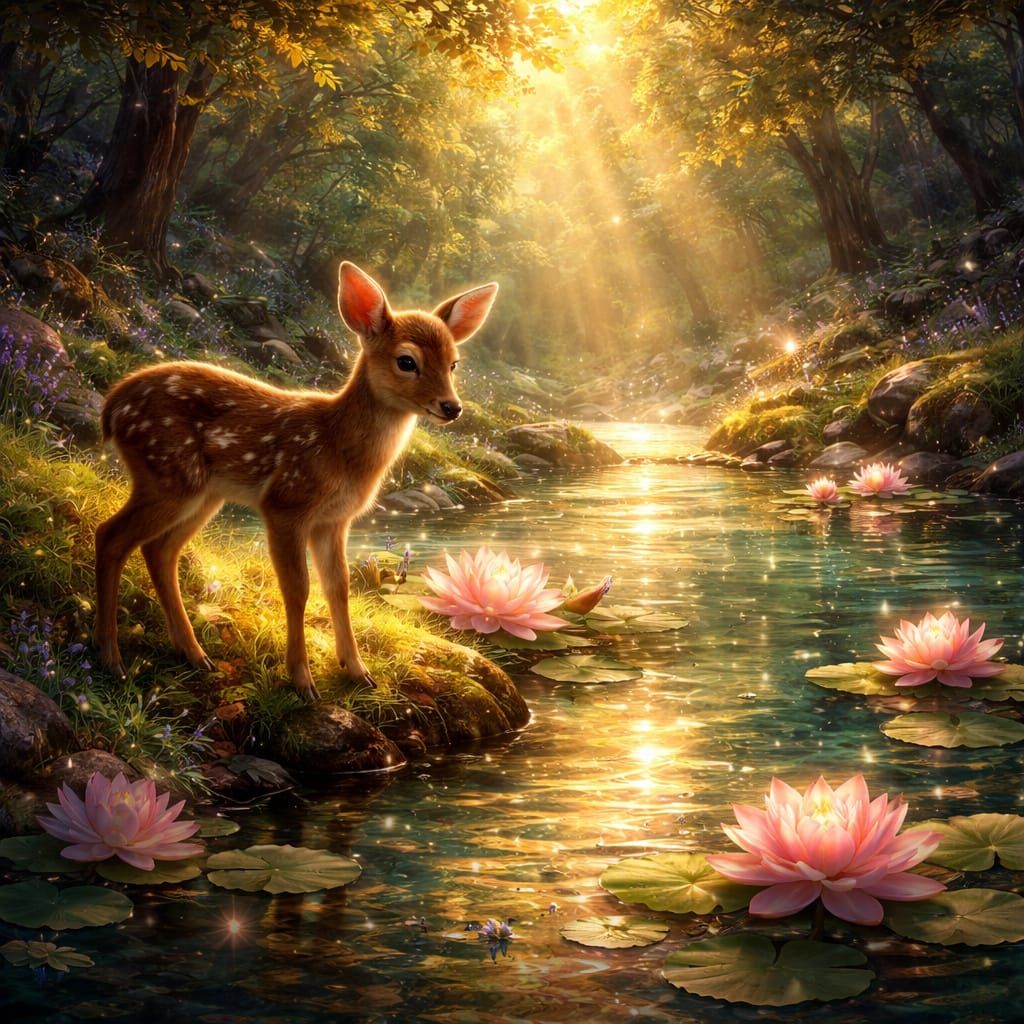 Enchanted Fawn Beside Glowing Pond in Oil Painting Style